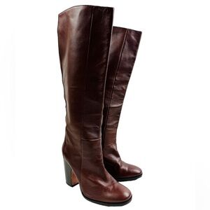 Rachel Comey Maroon leather pull on knee high heeled boots